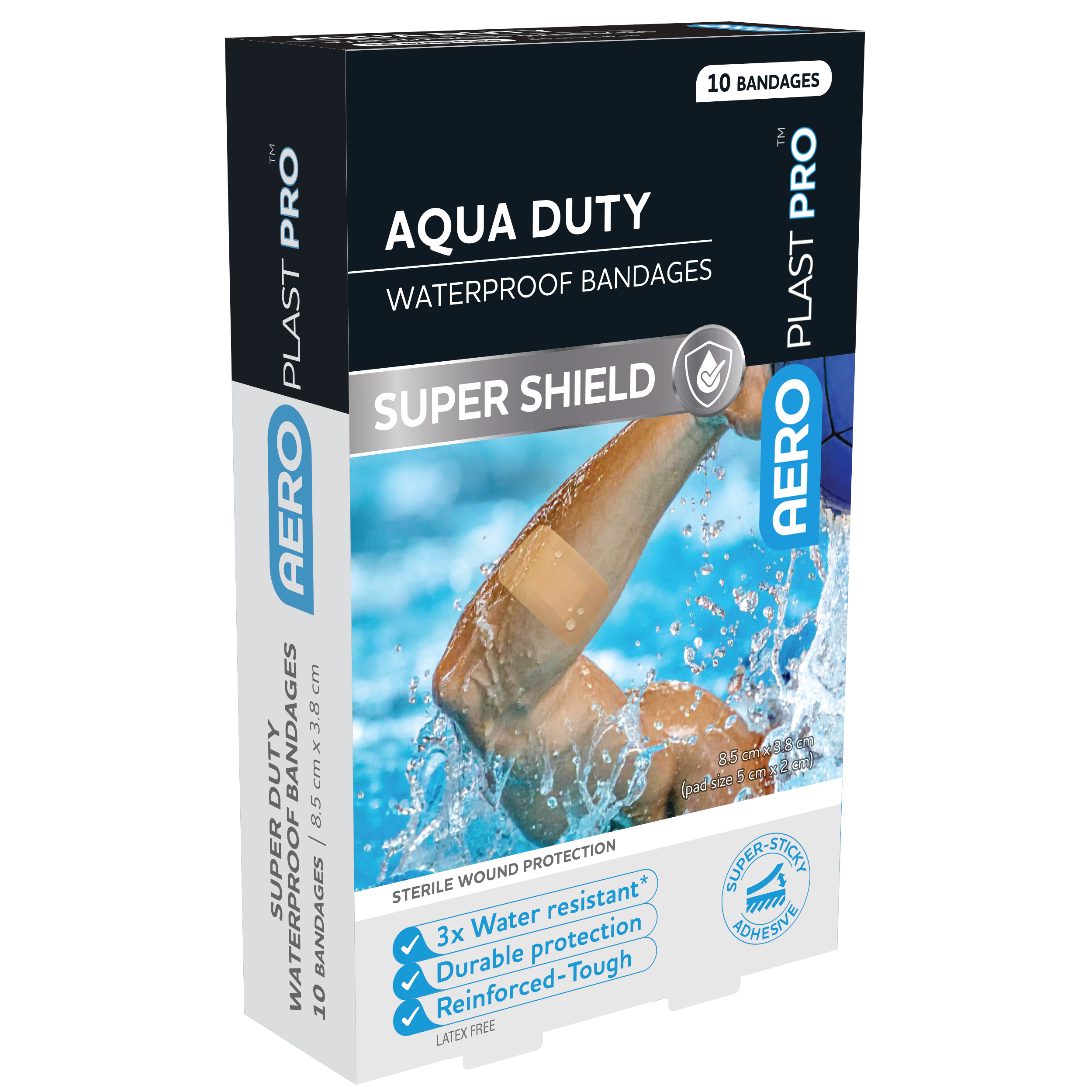 Aeroplast Aqua Duty Waterproof Bandages 8.5 x 3.8cm pack of 10 showing waterproof adhesive bandages for wet, swimming, and outdoor wound cover