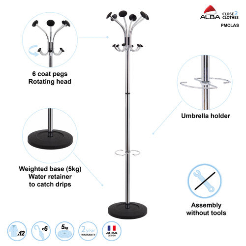 Alba Chromy Coat Rack showing integral umbrella holder at base
