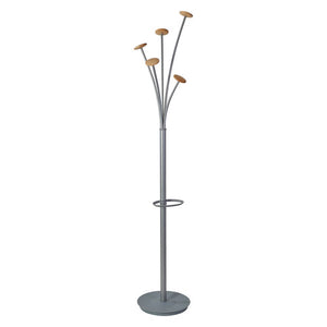 Alba Festival coat rack with five round wooden pegs on curved grey arms, a ring umbrella holder and a round grey base