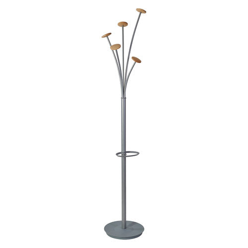Alba Festival Coat Rack in silver and wood finish, full height front view