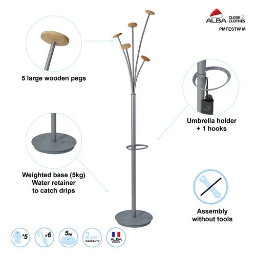 Integral umbrella stand at the base of the Alba Festival Coat Rack