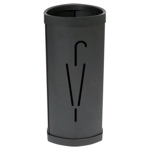 Alba black powder-coated steel umbrella bin, front view showing ventilated sides