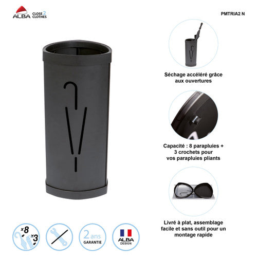 Alba black umbrella bin filled with multiple umbrellas, 26cm base and 60cm tall