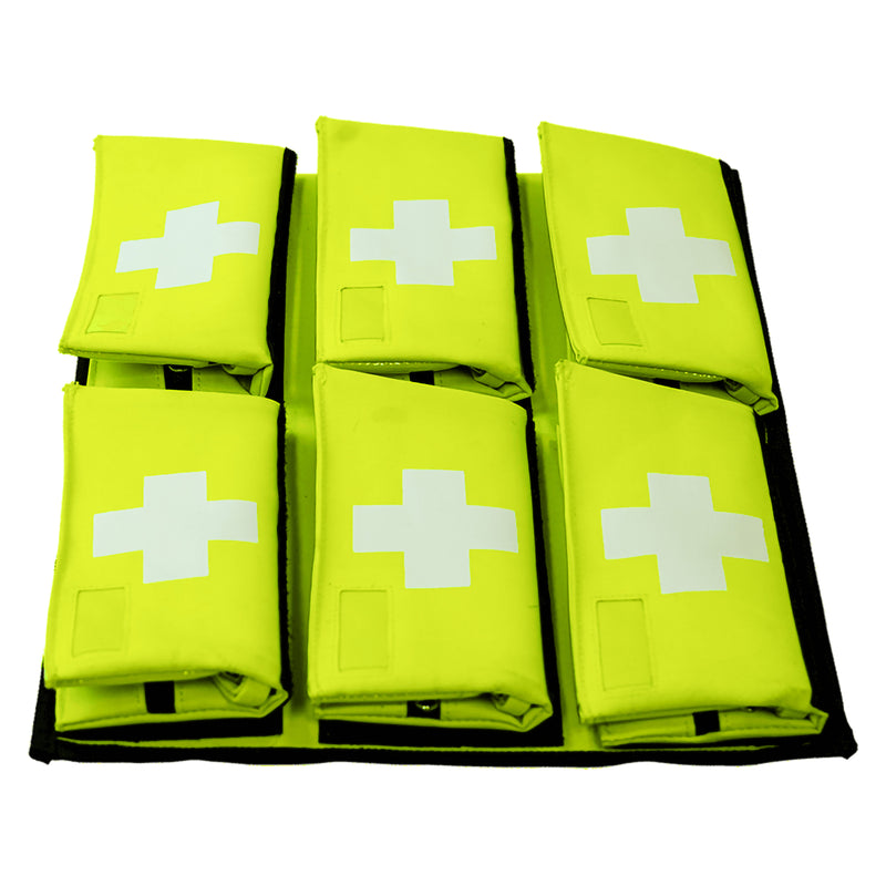 Aero Healthcare Allergy Board Insert shown on a clean white background with 6 high visibility first aid kit bags arranged across the 44 x 37cm board. The two row, three column configuration provides clearly separated storage positions for organising allergy response medications and other first aid supplies.