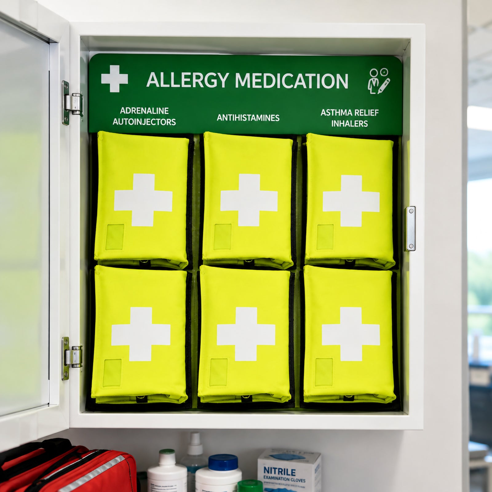 Allergy Board Insert with 6 high visibility first aid kit bags mounted inside a medical storage cabinet beneath a clearly identified allergy medication section. The organised two row layout demonstrates dedicated storage areas for allergy response supplies including adrenaline autoinjectors, antihistamines and asthma relief inhalers.