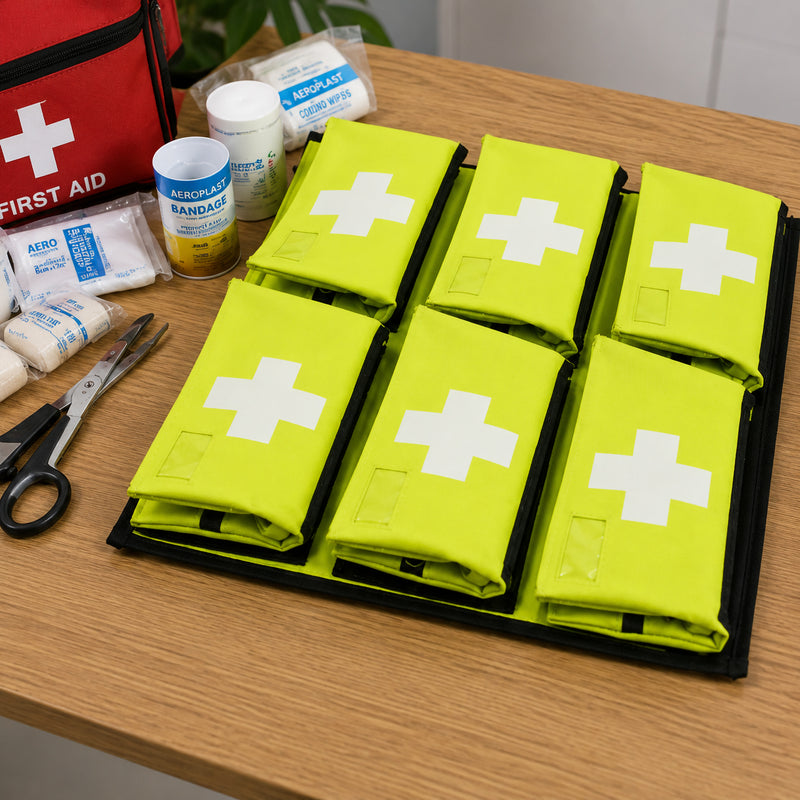Aero Healthcare Allergy Board Insert with 6 first aid kit bags positioned on a first aid preparation table alongside dressings, bandages, cooling wipes, scissors and other emergency supplies. The open modular layout demonstrates how individual bags can help separate and organise equipment during restocking and kit preparation.
