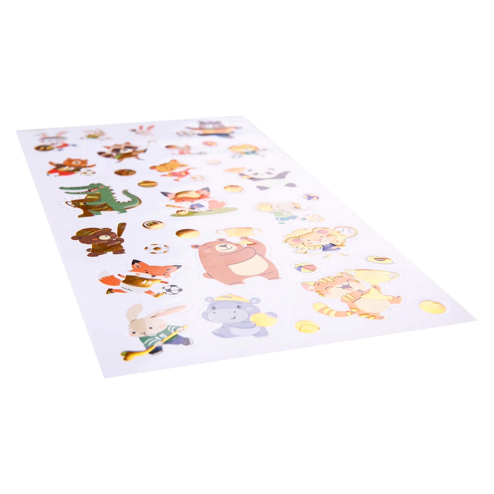 Angled close up view of the holographic sticker sheet highlighting reflective foil details and sporting animal characters participating in soccer, hockey, basketball and other athletic activities.
