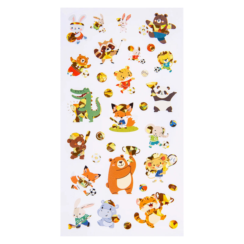 Full product sheet showing all 33 holographic stickers including sporting animals, trophies, sports balls and celebration themed illustrations designed for creative projects and rewards.
