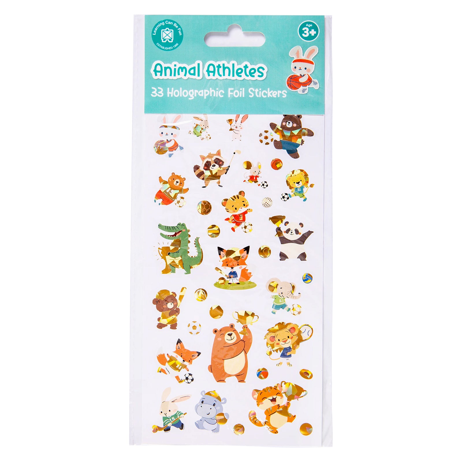 Retail packaging of the Learning Can Be Fun Animal Athletes Holographic Sticker Set featuring 33 holographic foil stickers and a fun collection of animal sports characters.