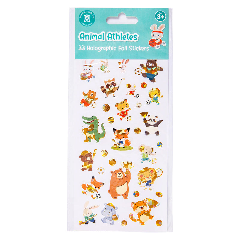 Retail packaging of the Learning Can Be Fun Animal Athletes Holographic Sticker Set featuring 33 holographic foil stickers and a fun collection of animal sports characters.