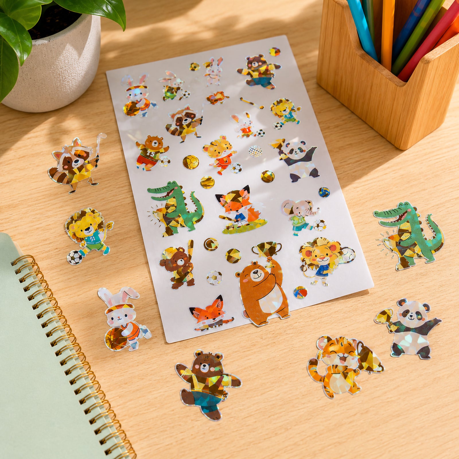 Complete Animal Athletes sticker sheet displayed with individual stickers arranged around it. The collection features sporty animal characters including rabbits, pandas, lions, crocodiles, tigers, bears and foxes with holographic foil accents.