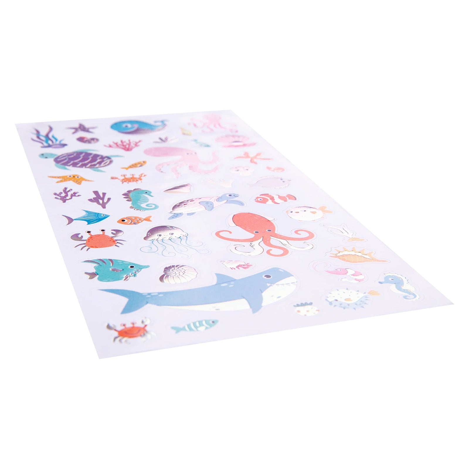 Angled close up of the complete holographic sticker sheet showcasing detailed marine life illustrations and ocean treasures with reflective foil accents that catch the light beautifully.