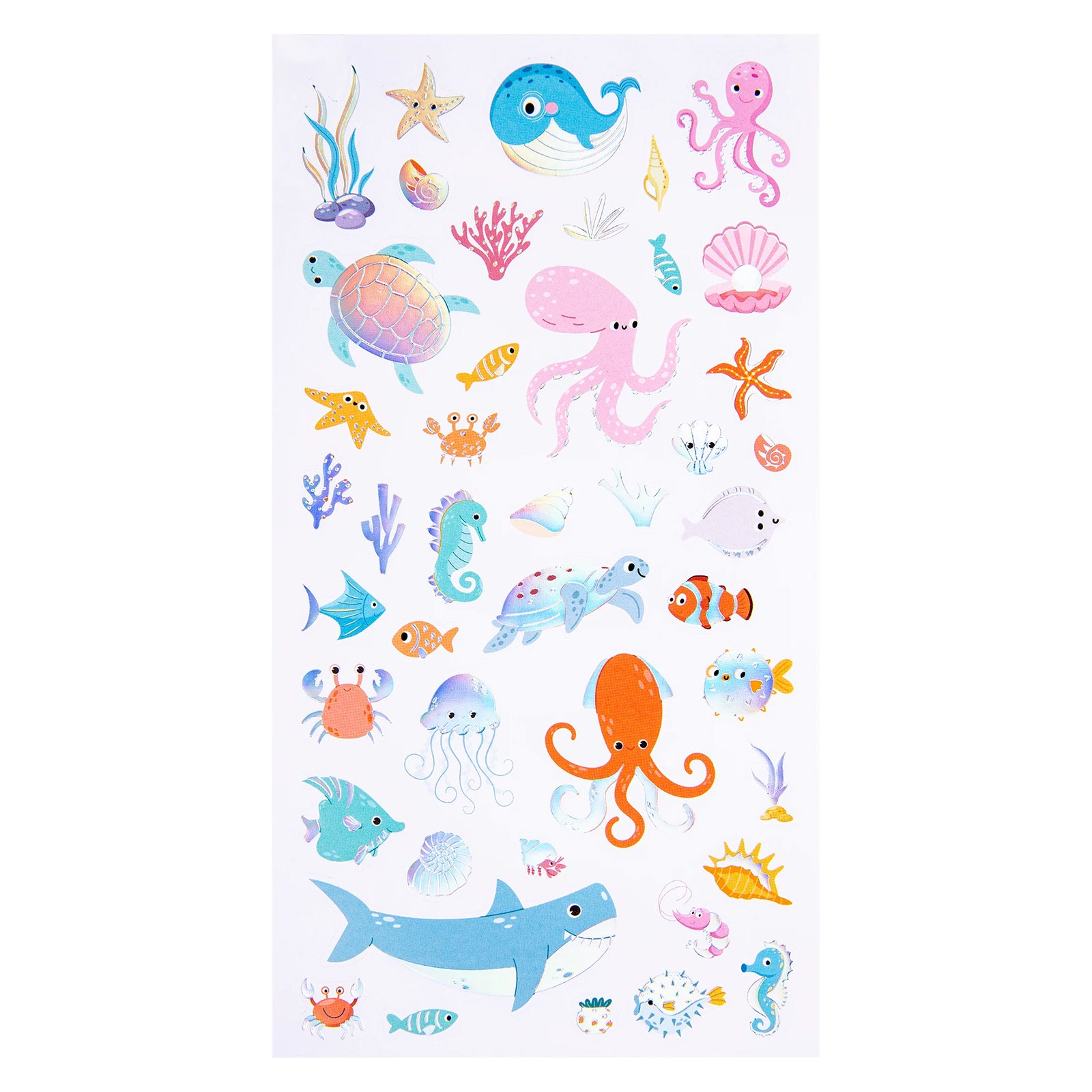 Full sticker sheet featuring all 44 aquatic themed holographic stickers. Designs include sea turtles, whales, sharks, jellyfish, octopuses, tropical fish, coral formations, shells and underwater creatures.