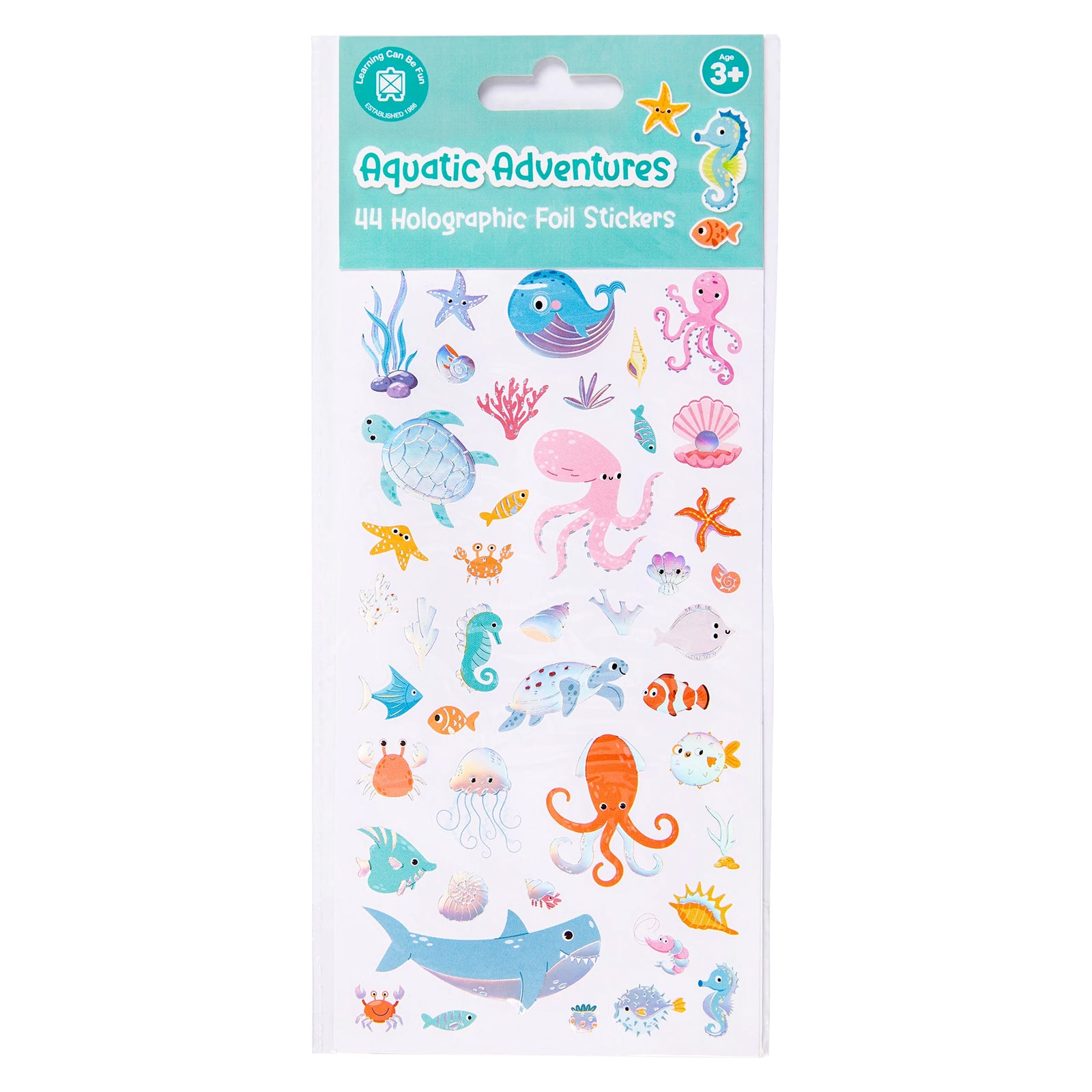 Retail packaging of the Learning Can Be Fun Aquatic Adventures Holographic Sticker Set displaying the full collection of ocean themed foil stickers and product branding.