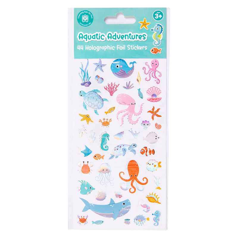 Retail packaging of the Learning Can Be Fun Aquatic Adventures Holographic Sticker Set displaying the full collection of ocean themed foil stickers and product branding.
