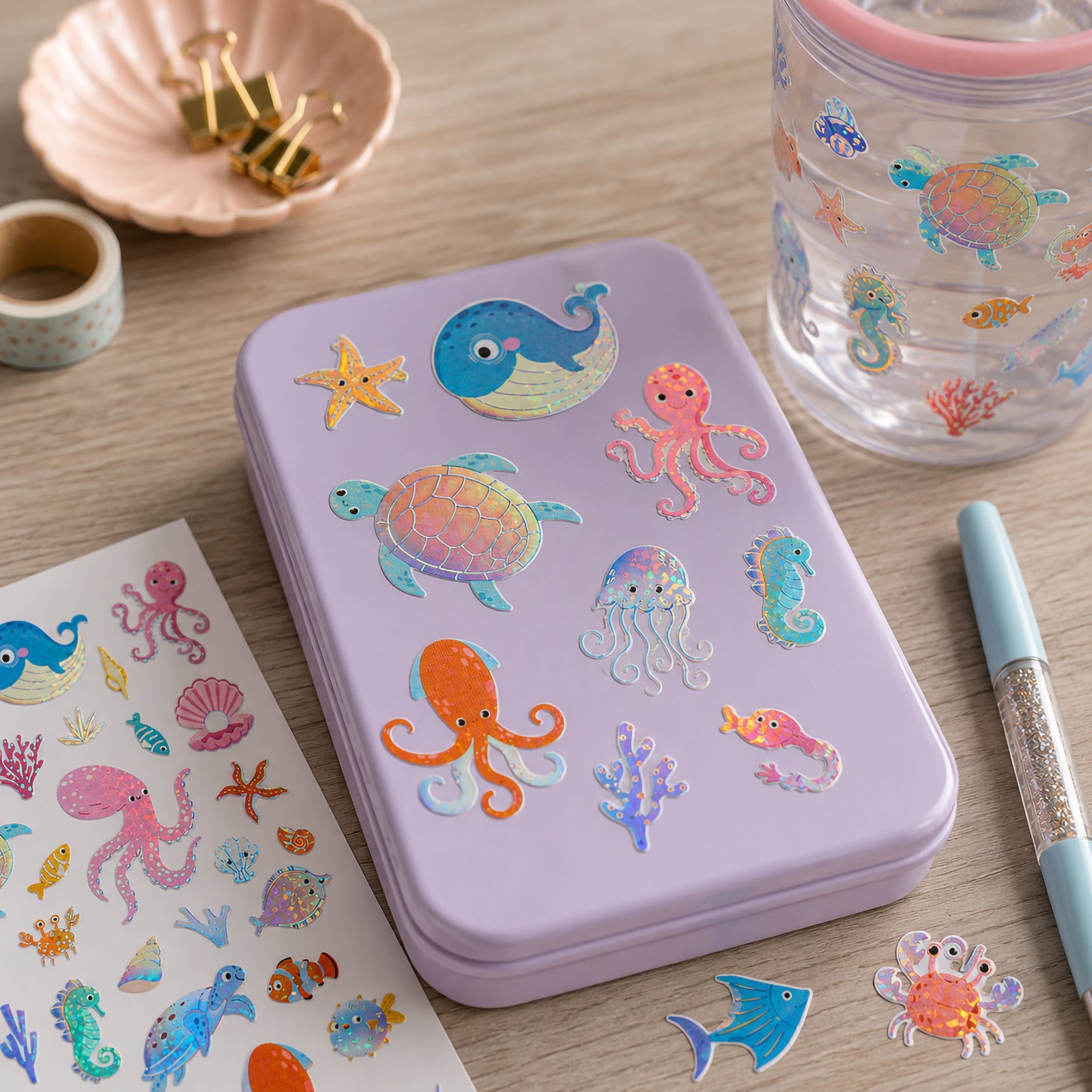 Purple storage case and water cup decorated with ocean themed holographic stickers including a whale, turtle, octopus, jellyfish and seahorse. The shimmering stickers add colourful underwater charm to everyday items.