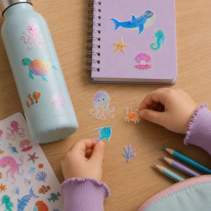 Children using colourful aquatic holographic stickers featuring jellyfish, crabs, fish and sea creatures to decorate a notebook and drink bottle. The shimmering foil designs create an engaging underwater themed crafting activity.