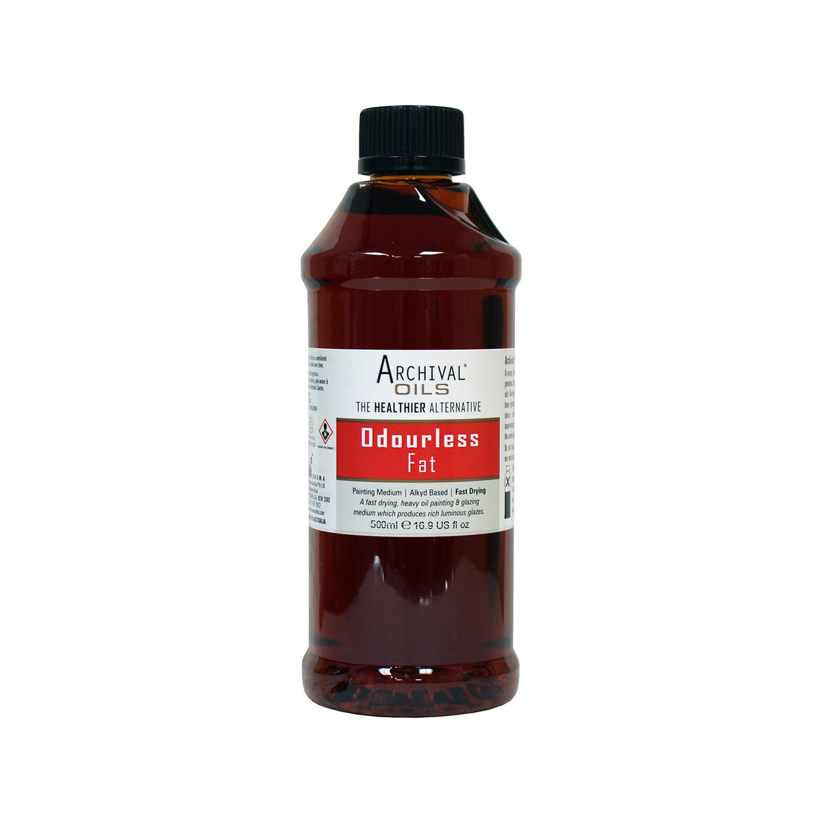 Chroma Archival Oils Odourless Fat 500ml tall plastic bottle with black screw cap, red label band and deep amber medium inside