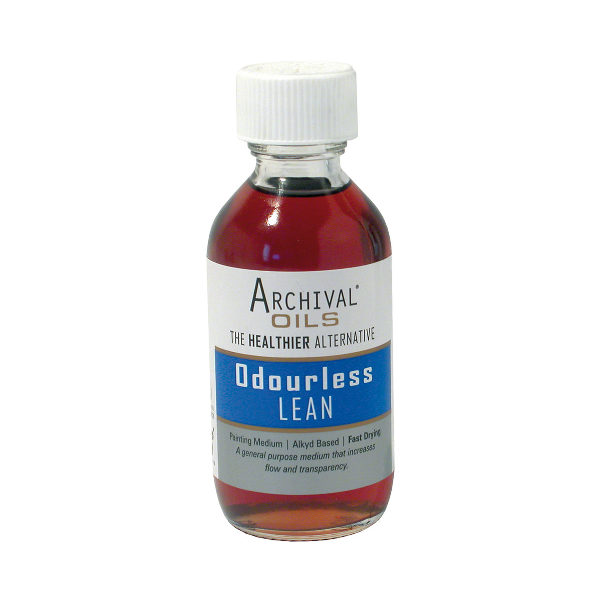 Chroma Archival Oils Odourless Lean 100ml glass bottle with white screw cap, blue Odourless Lean label band and reddish brown medium