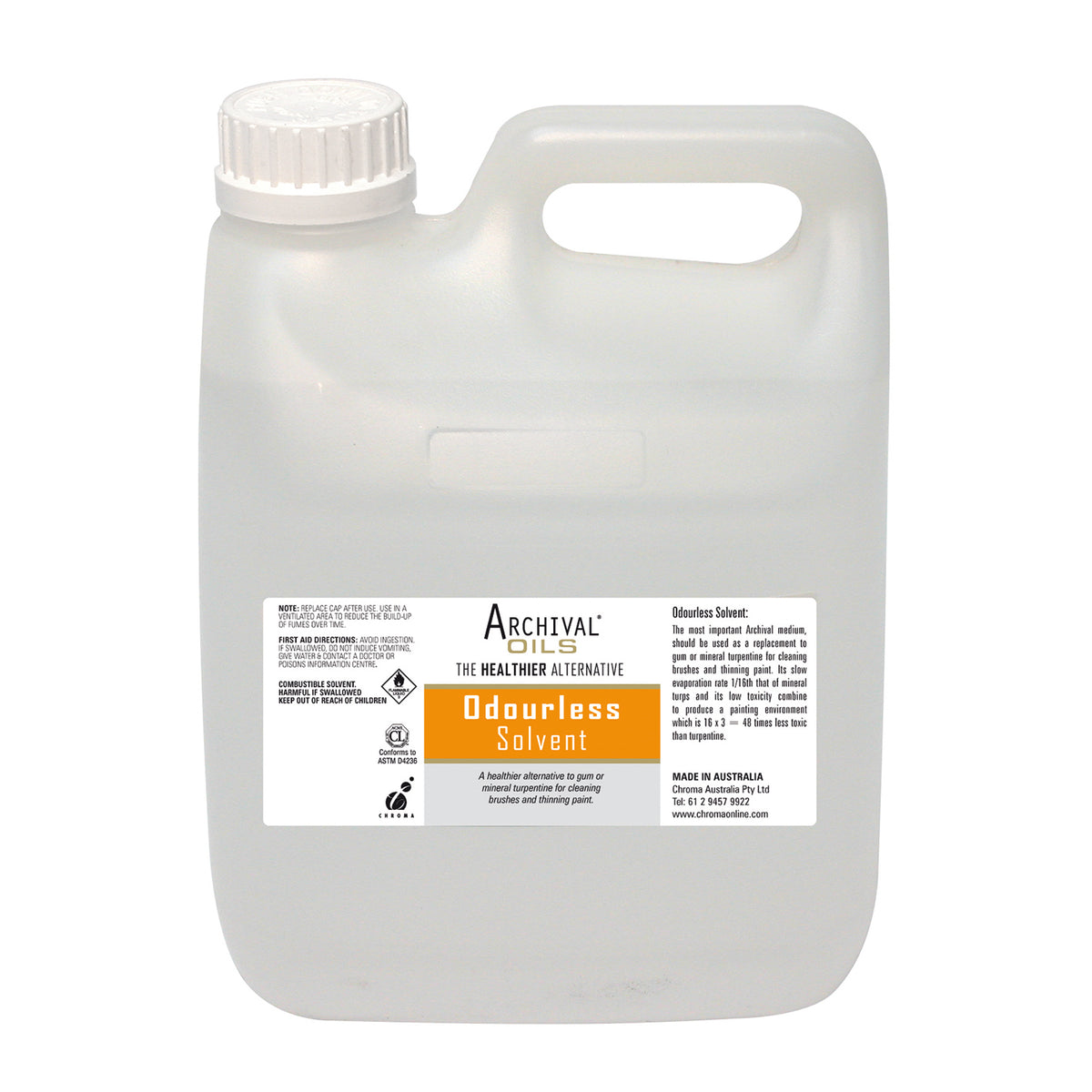 Chroma Archival Oils Odourless Solvent 4 litre translucent plastic jerry can with carry handle, white cap and wide orange-banded label
