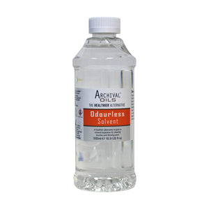 Chroma Archival Oils Odourless Solvent 500ml clear plastic bottle with white screw cap, orange label band and colourless liquid