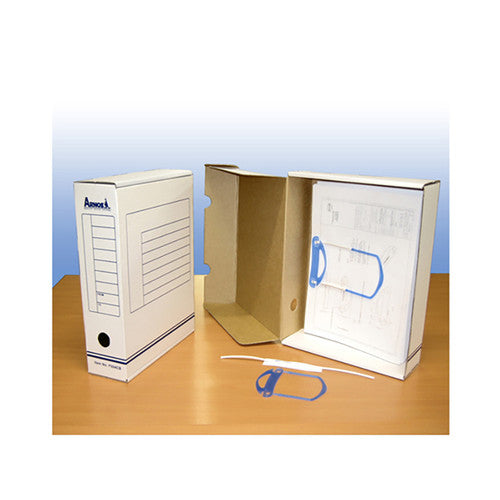 Arnos F505CB A4 archive box file with LP Tubefast fastener, shown closed with printed spine index label visible