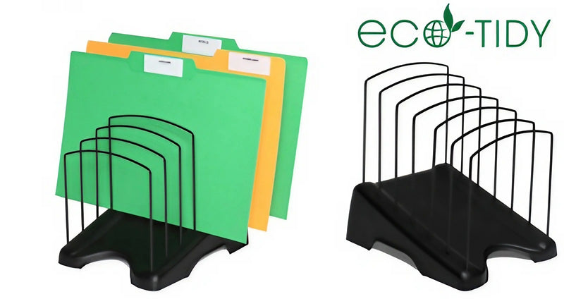 Arnos Eco-Tidy E110 step file organiser shown twice, filled with green and yellow folders and empty to show its black wire dividers