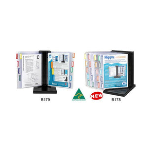 Arnos Flippa desktop displays labelled B179 and B178 on black stands with coloured index tabs, an Australian Made logo and a red NEW badge