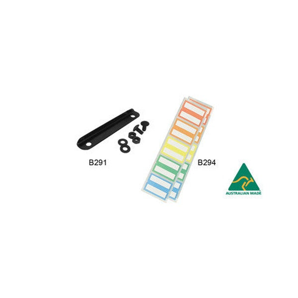Arnos Flippa B291 extension kit black connecting bar with fixings, shown beside coloured B294 index label strips and an Australian Made logo