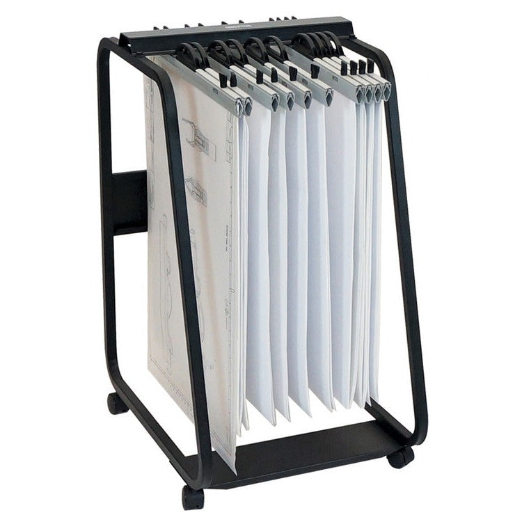Front view of an Arnos Hang-A-Plan trolley holding silver binders with white plans hanging between the black side frames