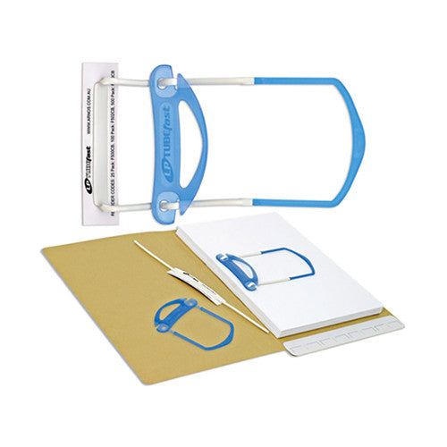 Arnos LP Tubefast self-adhesive file fasteners in crystal blue, pack of 25, shown in re-usable zip wallet