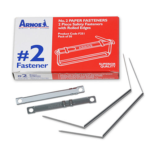 Arnos F251 No.2 metal paper fasteners with sliding lock clips and matt silver finish, box of 50