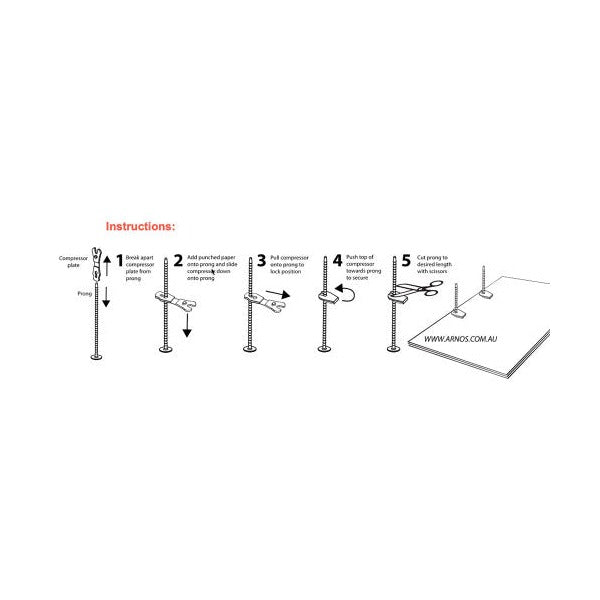 Close-up of Arnos F450B Polypost plastic binder showing adjustable prong for document filing