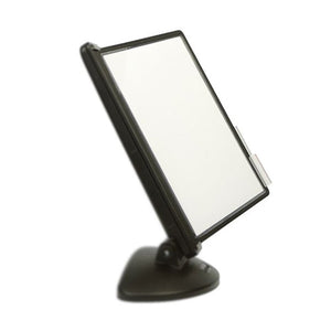 Arnos Swinga display panel with a black frame and clear pocket, angled on a black stand, shown on a white background