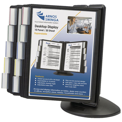 Arnos B021 Swingsign 10-panel expandable desktop display with weighted stand on a desk