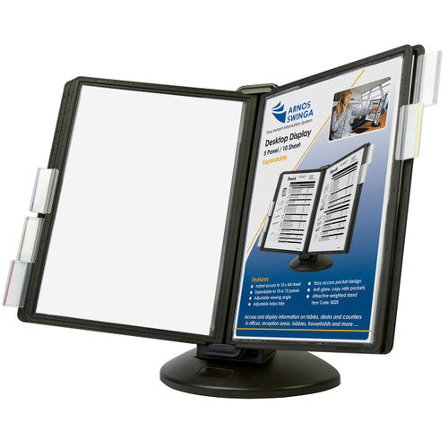 Arnos B020 Swingsign 5-panel desktop display with weighted stand on a desk