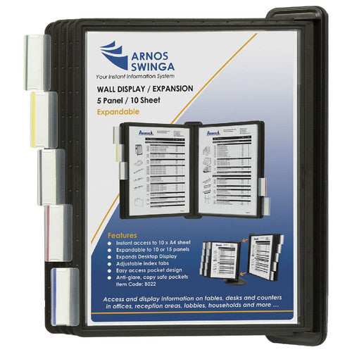 Arnos B022 Swingsign 5 panel wall display showing anti-glare A4 pockets