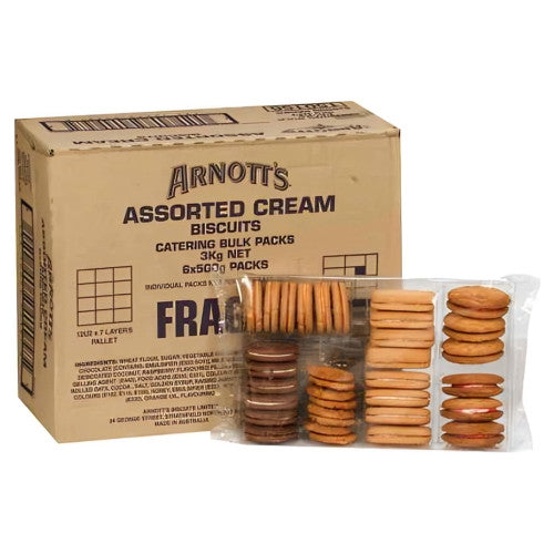Arnott's Assorted Creams 3kg carton with 6 individually wrapped 500g biscuit packs
