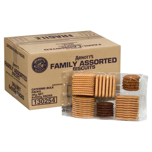 Arnott's Assorted Biscuits Family Carton 3kg showing six individually wrapped 500g packs