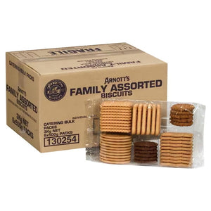 Arnott's Family Assorted Biscuits catering carton printed 3kg net and 6 x 500g packs, with a clear tray of stacked mixed biscuits standing in front