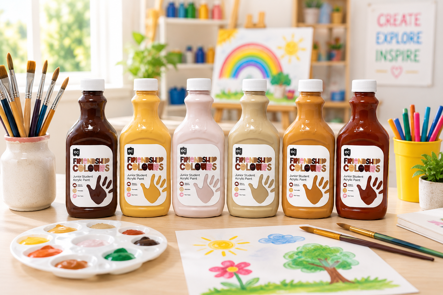  Friendship Colours acrylic paint bottles displayed in a bright art studio with brushes, palette and student artwork.