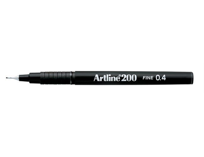 Black Artline 200 fineliner pen showing the fine 0.4mm plastic tip and white Artline 200 Fine 0.4 printing