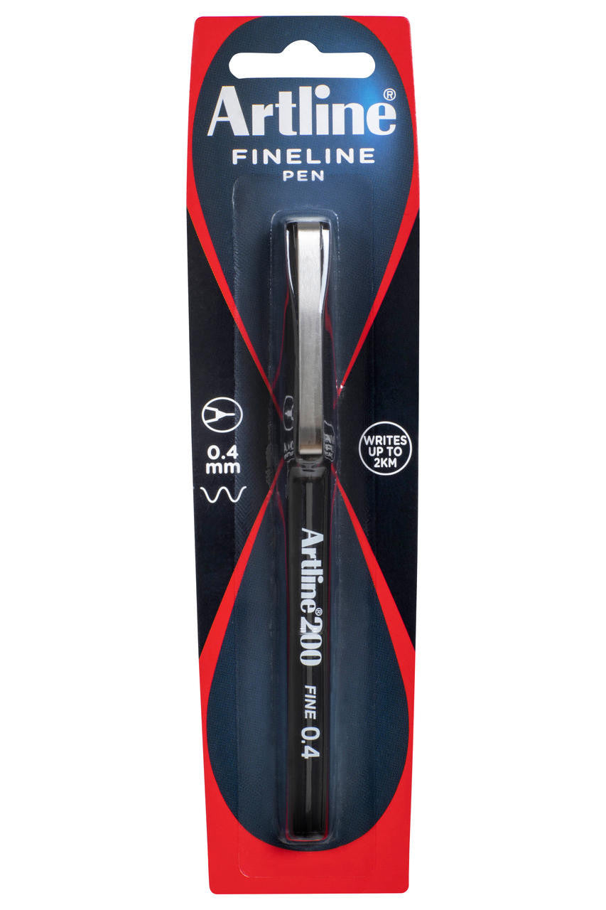 Artline 200 Fineliner Pen 0.4mm black single pen on a red and navy hangsell card with 0.4mm and writes up to 2km icons