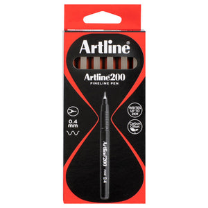 Artline 200 Fineline Pen box of brown pens, front view with a window showing the pens
