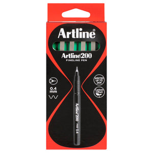 Artline 200 Fineline Pen box of green pens, front view with a window showing the pens