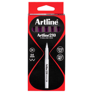 Artline 210 Fineline Pen box with magenta pens behind the window