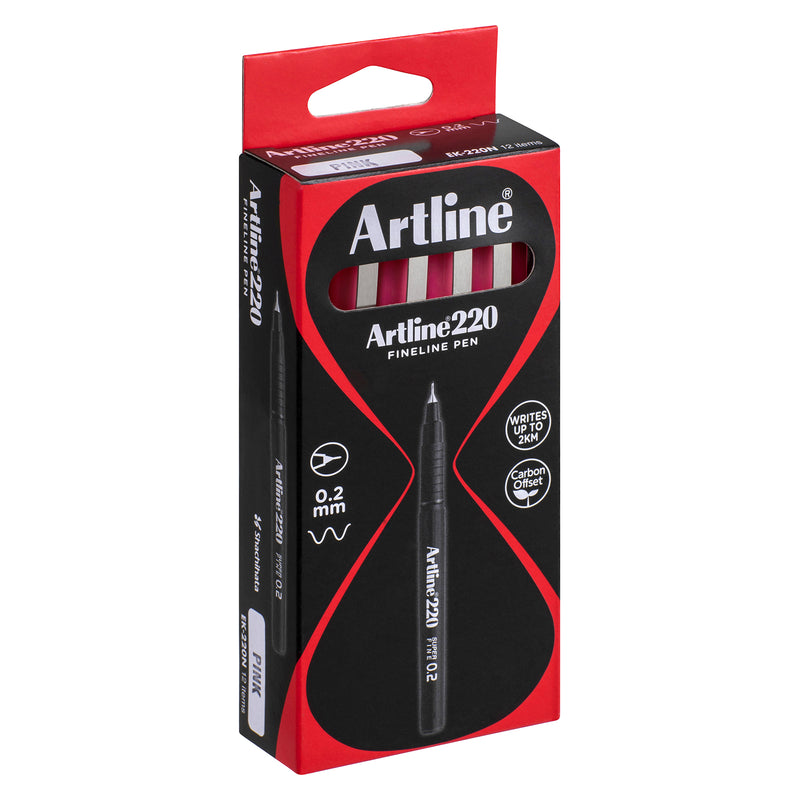 Three quarter front view of the Artline 220 Fineliner Pen 0.2mm Pink Box of 12, displaying the retail packaging with viewing window, 0.2mm tip specification, write out distance and carbon offset branding, making it suitable for retail product listings.