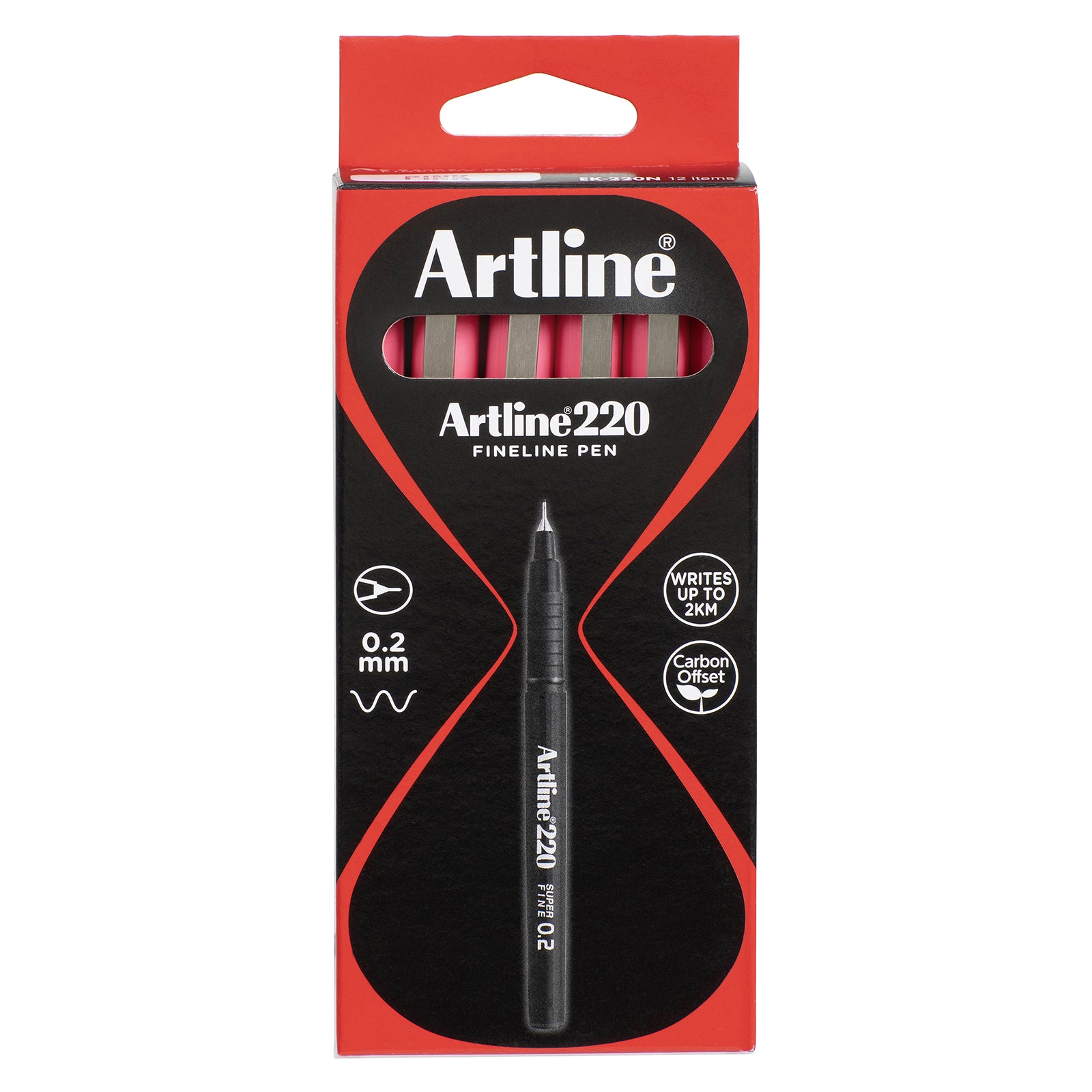Front facing image of the Artline 220 Fineliner Pen 0.2mm Pink Box of 12 showing the complete retail packaging with visible pink pens through the display window, clearly presenting the Artline branding, superfine 0.2mm tip, product information and pack quantity.