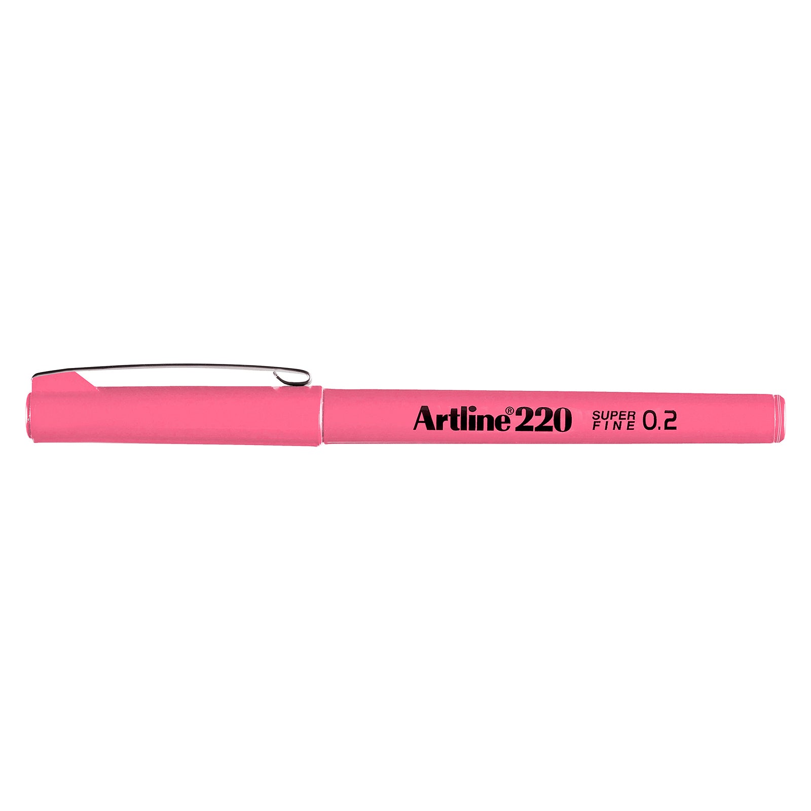 Side profile of the capped Artline 220 Fineliner Pen 0.2mm Pink displayed horizontally on a white background, showcasing the integrated pocket clip, streamlined barrel design and vibrant finish for convenient carrying and professional everyday use.