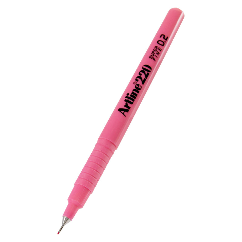 Studio product image of the uncapped Artline 220 Fineliner Pen 0.2mm Pink on a white background, highlighting the bright pink barrel, printed branding, precision 0.2mm superfine tip and durable construction for everyday writing and drawing tasks.